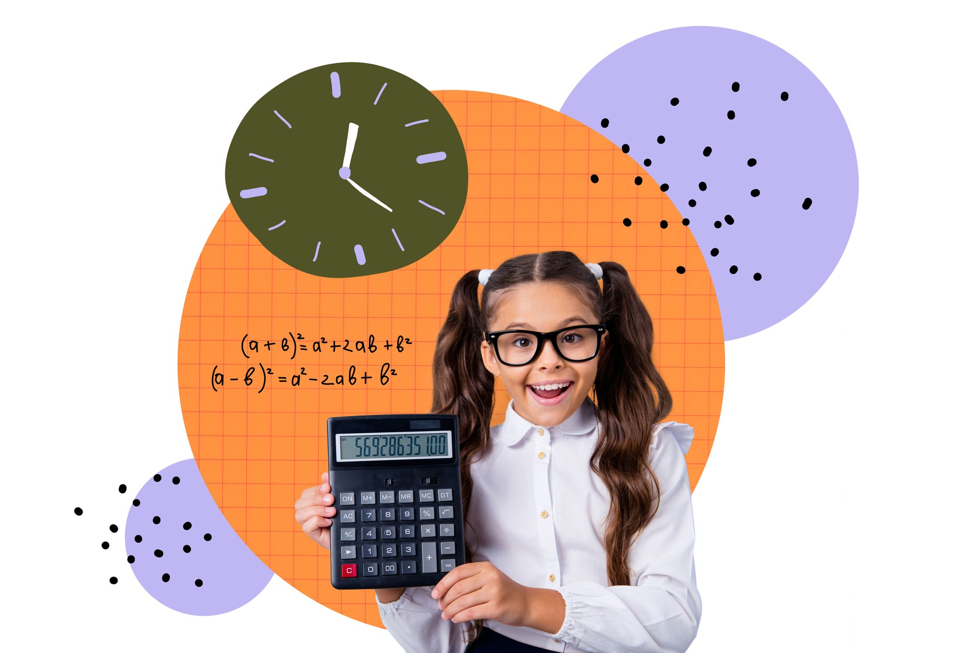 3D photo collage trend sketch template artwork of smart young girl hand hold calculator count maths season september student time study