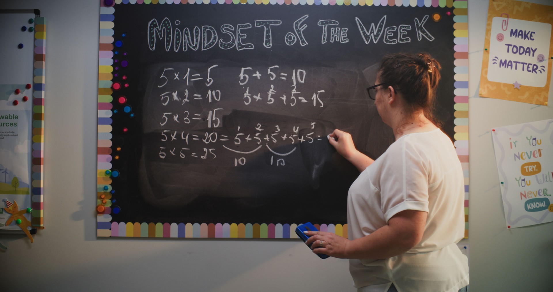 Female Teacher Writing Multiplication Table on Chalkboard, Teaching Primary School Students